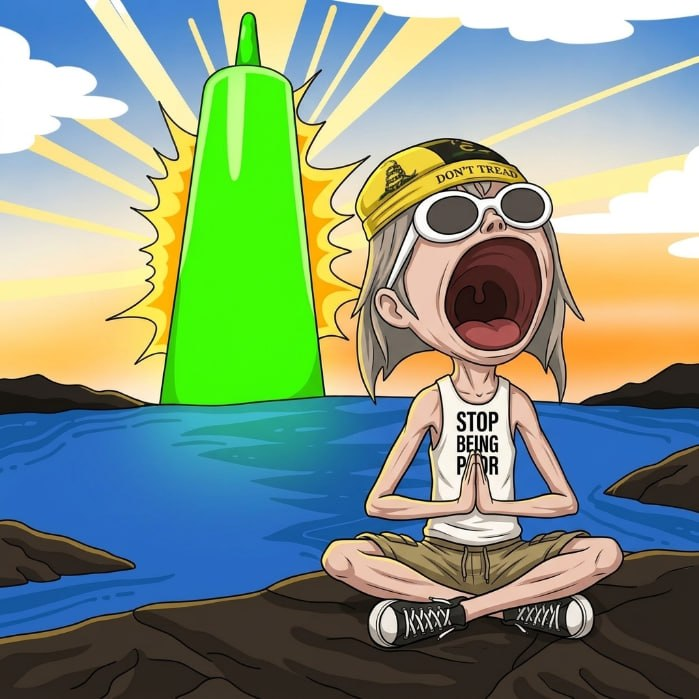 POPALON meditating before a giant green bottle at sunrise