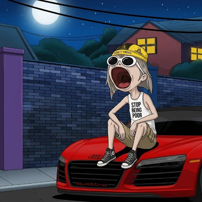 POPALON sitting on a red Audi at night